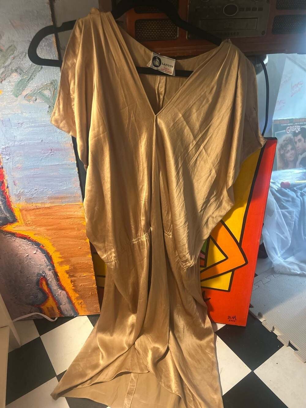 Lanvin Paris 22 Rue Saint-Honore Gold Silk Satin V-Neck Kaftan Maxi Dress